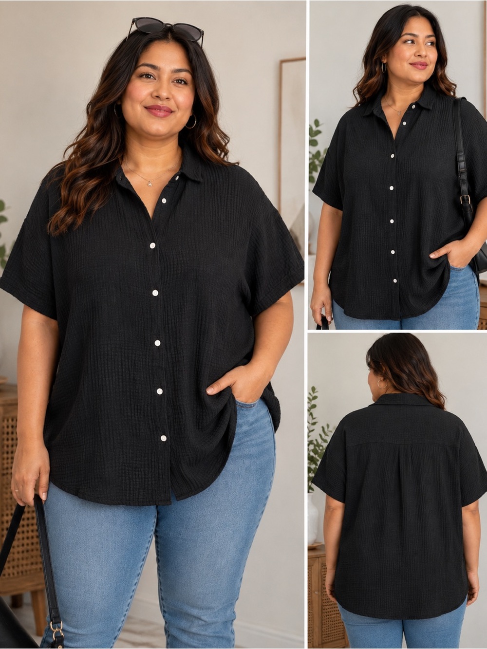 Black Textured Short-Sleeve Button-Up Shirt – Size 6XL